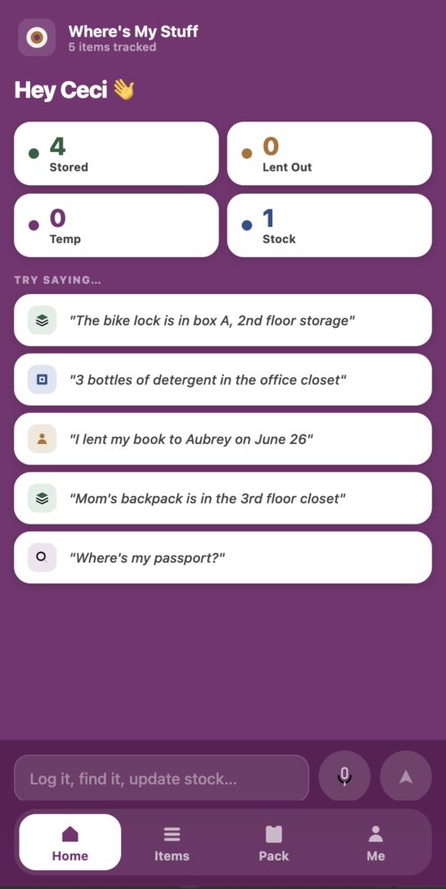 Where's My Stuff home screen with natural language prompts like 'Where's my passport?'