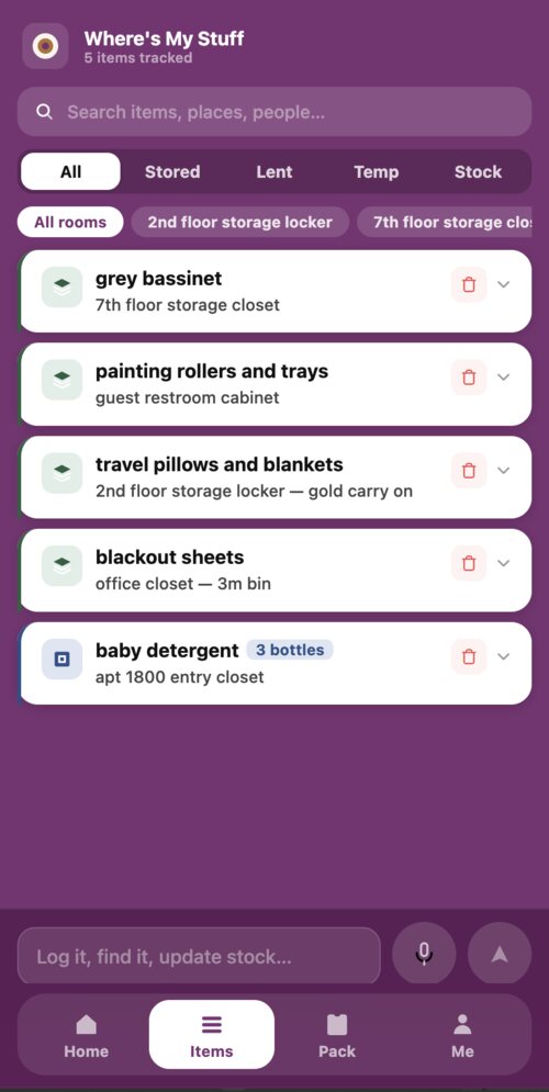 Items list filtered by status and room, with stock quantities