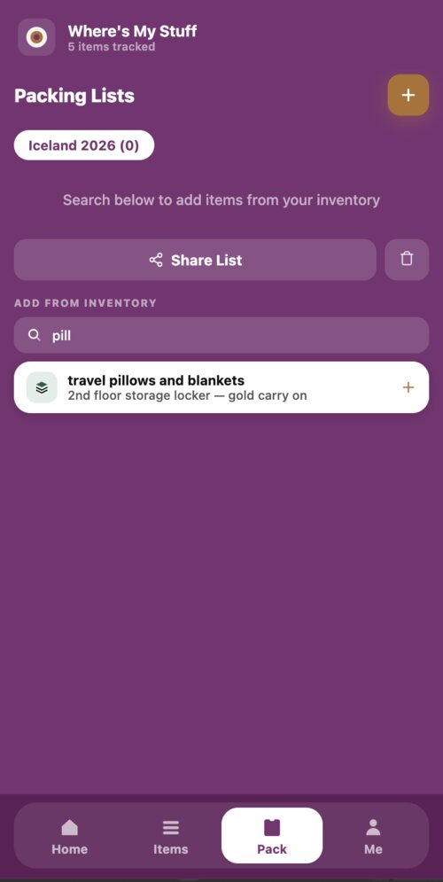 Packing list screen for a trip, adding items from inventory