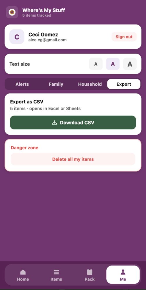 Settings screen with text size controls and CSV export